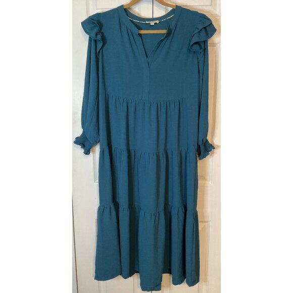 Umgee Teal Blue Kiara Tiered Ruffle Maxi Long Sleeve Dress Small Cottagecore - Picture 1 of 6
